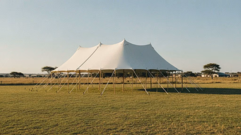 Large white peg-and-pole marquee on an open grassy plot in a Free State town setting near Botshabelo