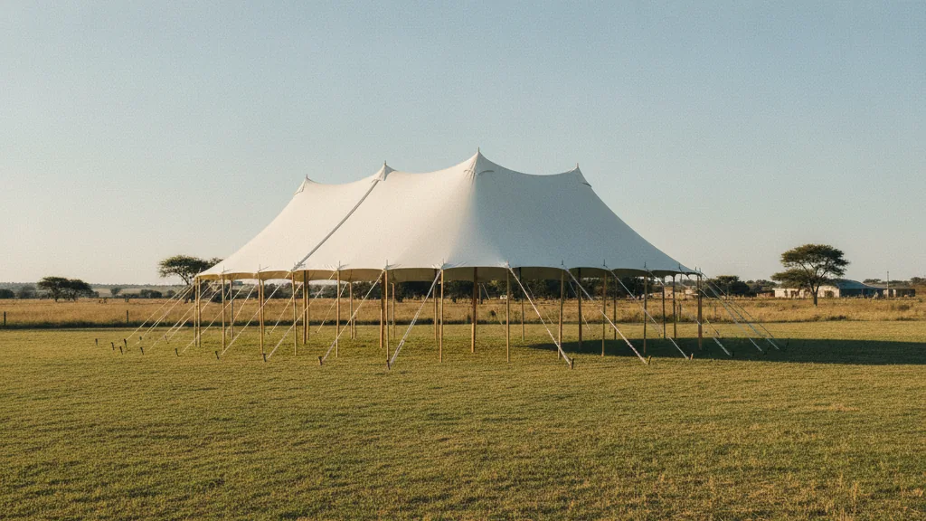Large white peg-and-pole marquee on an open grassy plot in a Free State town setting near Botshabelo