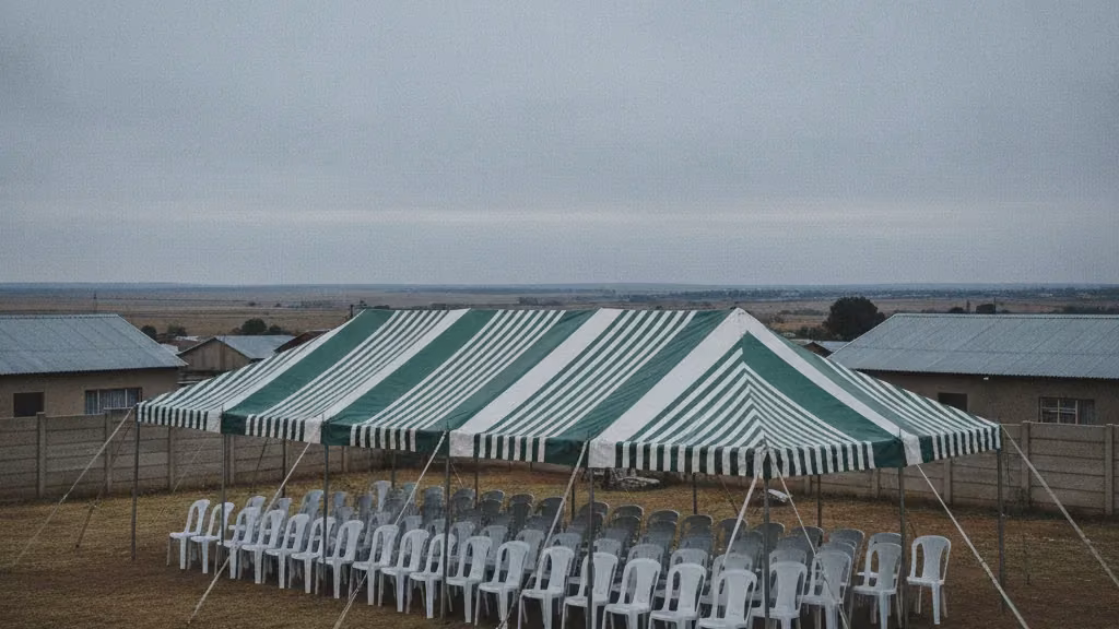 Green and white striped funeral tent with rows of white plastic chairs in a Bloemfontein township yard