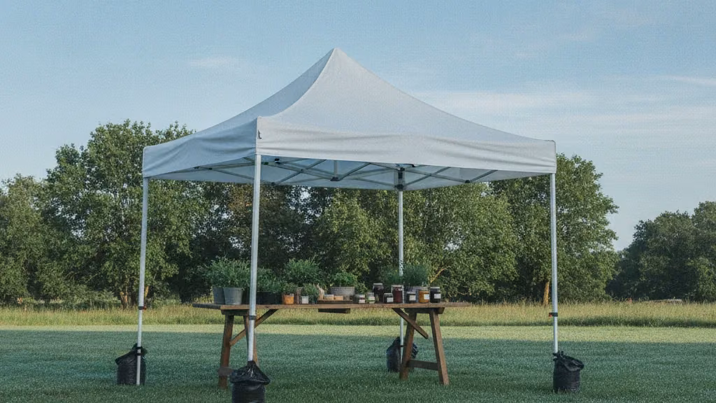 Plain white pop-up gazebo with weighted legs at a Bloemfontein weekend market