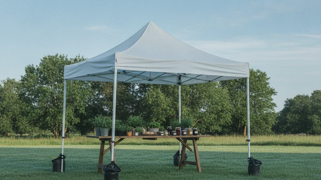 Plain white pop-up gazebo with weighted legs at a Bloemfontein weekend market