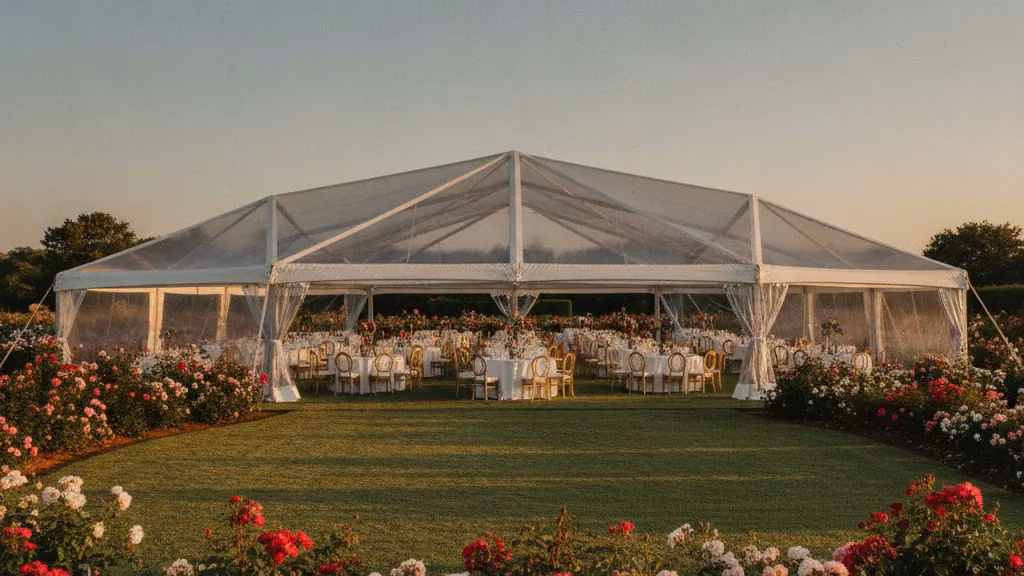 White marquee set with tables and gold chairs beside blooming rose bushes on a Bloemfontein garden lawn