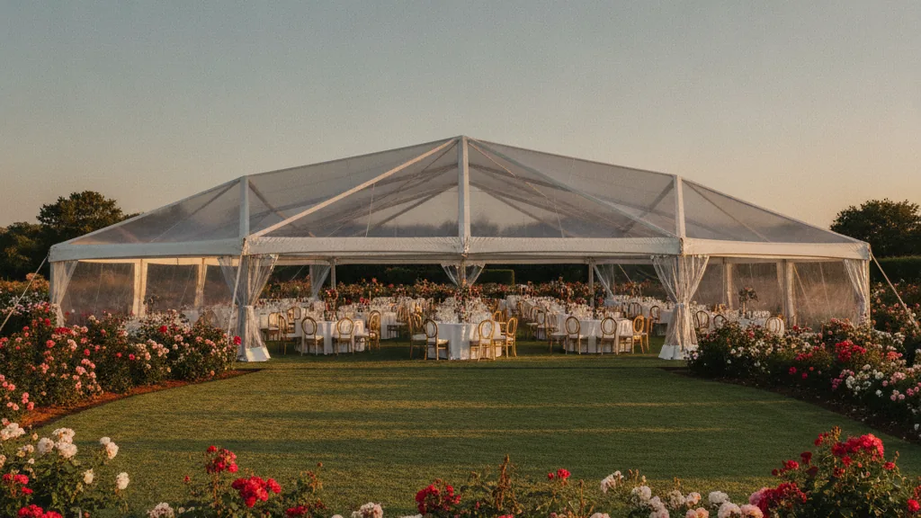 White marquee set with tables and gold chairs beside blooming rose bushes on a Bloemfontein garden lawn