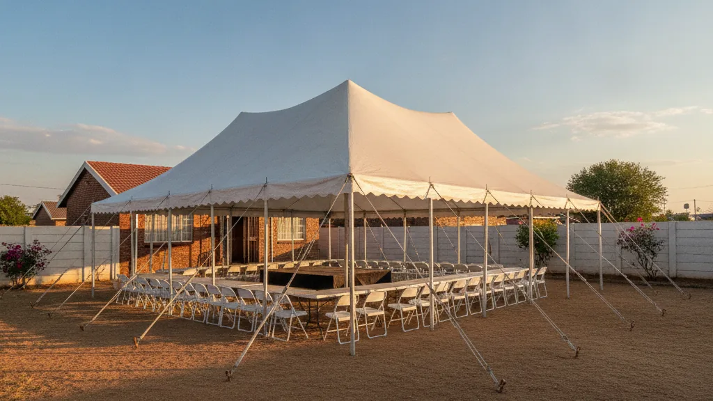 Peg-and-pole function tent with white chairs and tables in a walled Mangaung township yard at golden hour