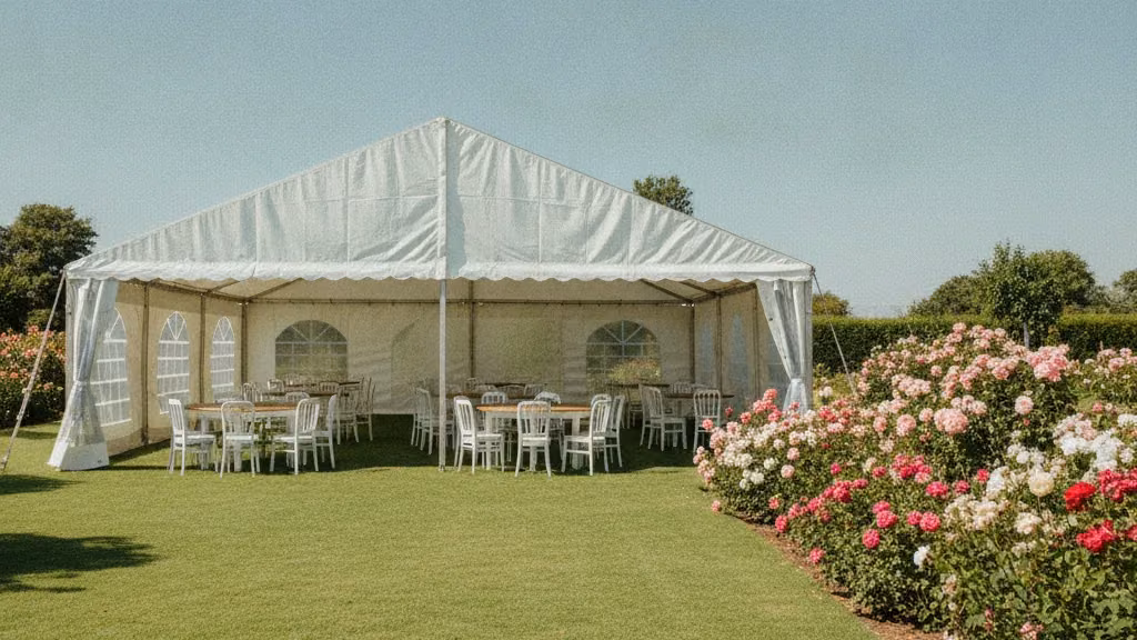 White frame marquee with round tables on a Bloemfontein garden lawn