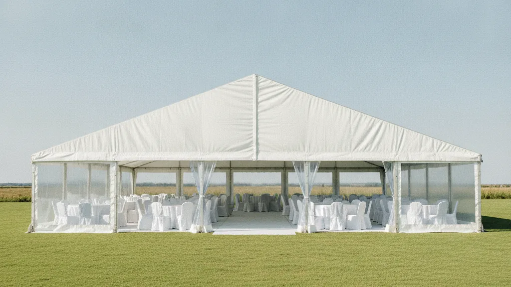 White frame marquee with round tables and white linen on a Bloemfontein garden lawn
