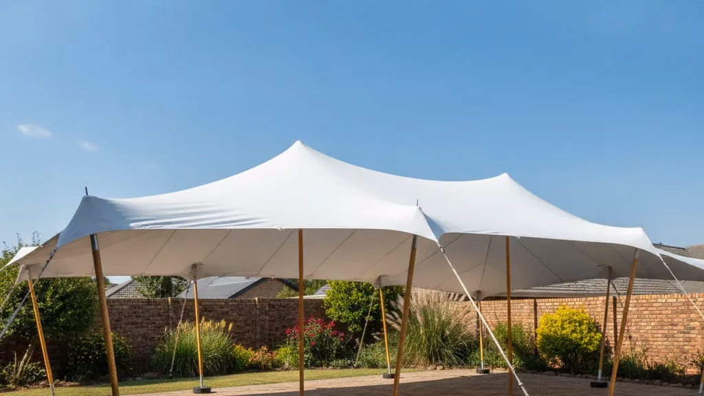 Waterproof white stretch tent tensioned over a suburban garden patio in Bloemfontein