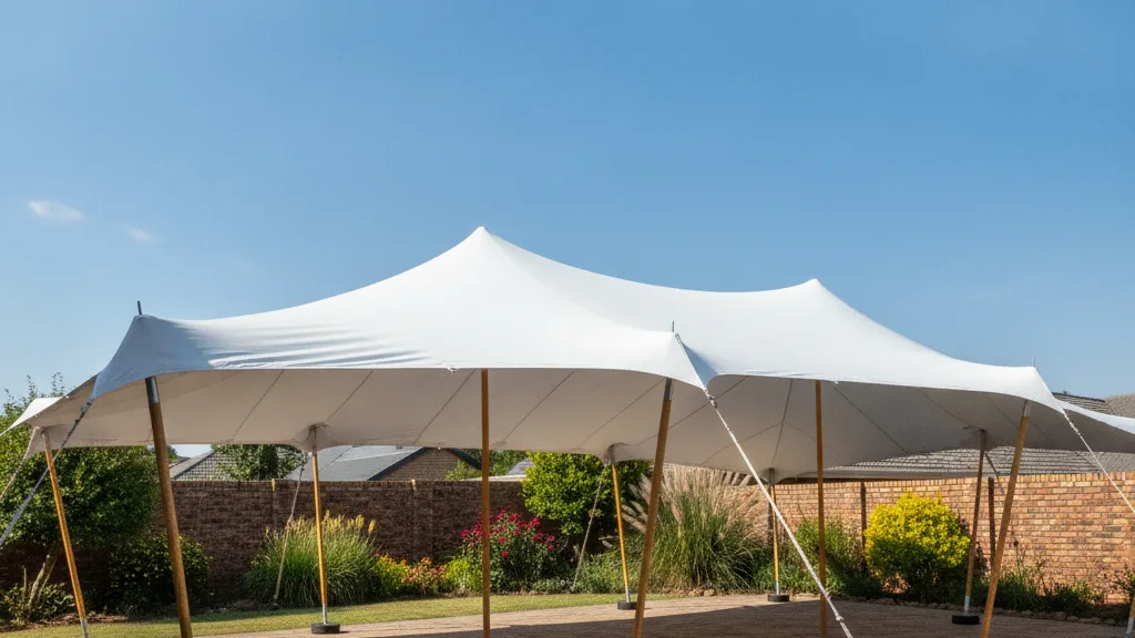 Waterproof white stretch tent tensioned over a suburban garden patio in Bloemfontein