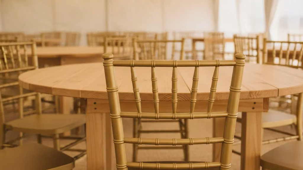 Gold Tiffany chairs around a bare round table inside a Bloemfontein function tent
