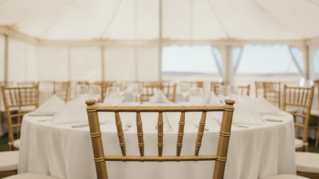 Gold Tiffany chairs at a linen-dressed round table inside a Bloemfontein function tent