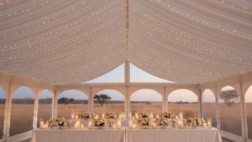 Fairy-lit white wedding marquee interior with rose arrangements and candlelit feast tables at dusk in Bloemfontein