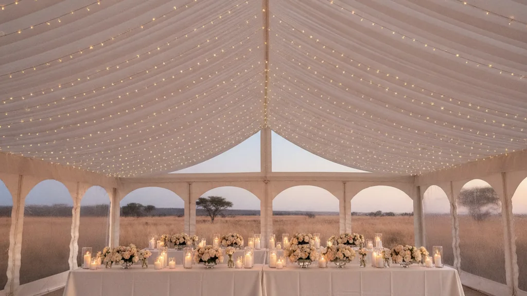 Fairy-lit white wedding marquee interior with rose arrangements and candlelit feast tables at dusk in Bloemfontein